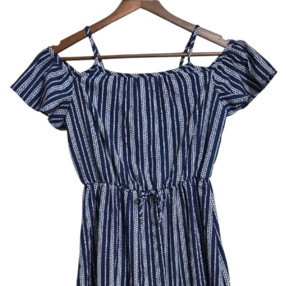 Jenna & Jessie Blue and White Striped Off-Shoulder Girls Dress